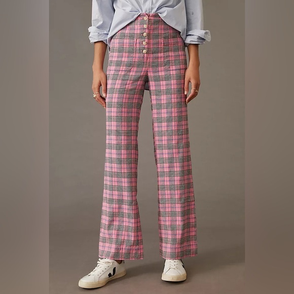 Maeve by Anthropologie Pink Plaid Linen Relaxed Wide Leg Trousers Size 6 - Picture 12 of 12